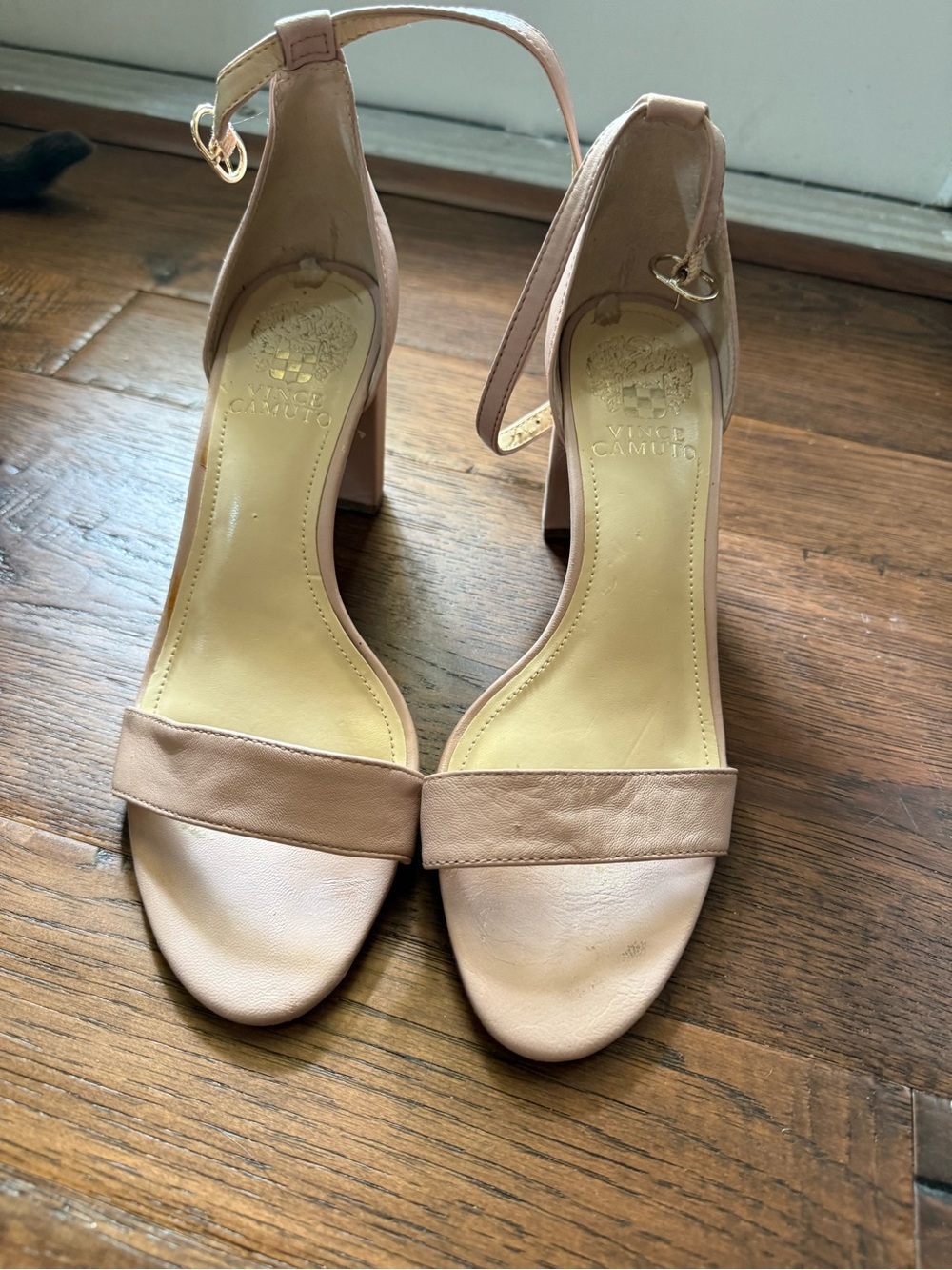 Vince Camuto Blush/Tan Ankle-Strap Block Heel Sandals
